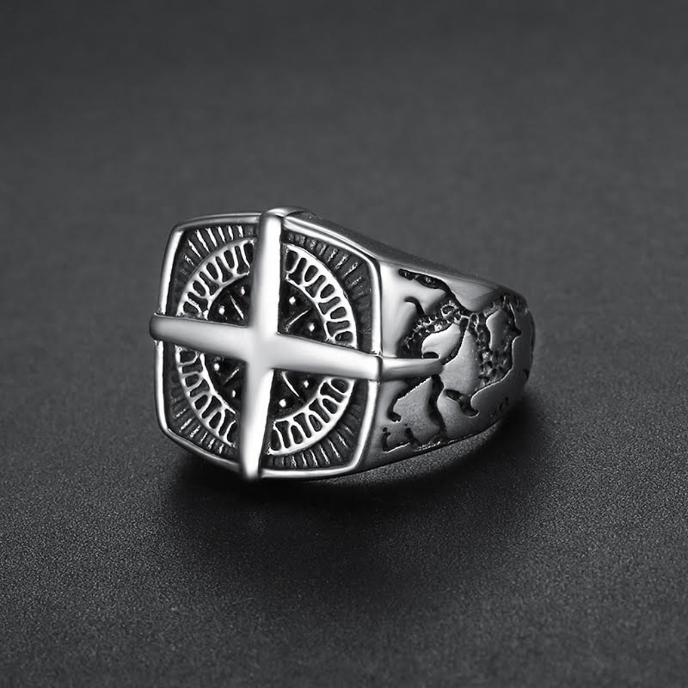 Black Silver Vintage Sailor Nautical Compass ring